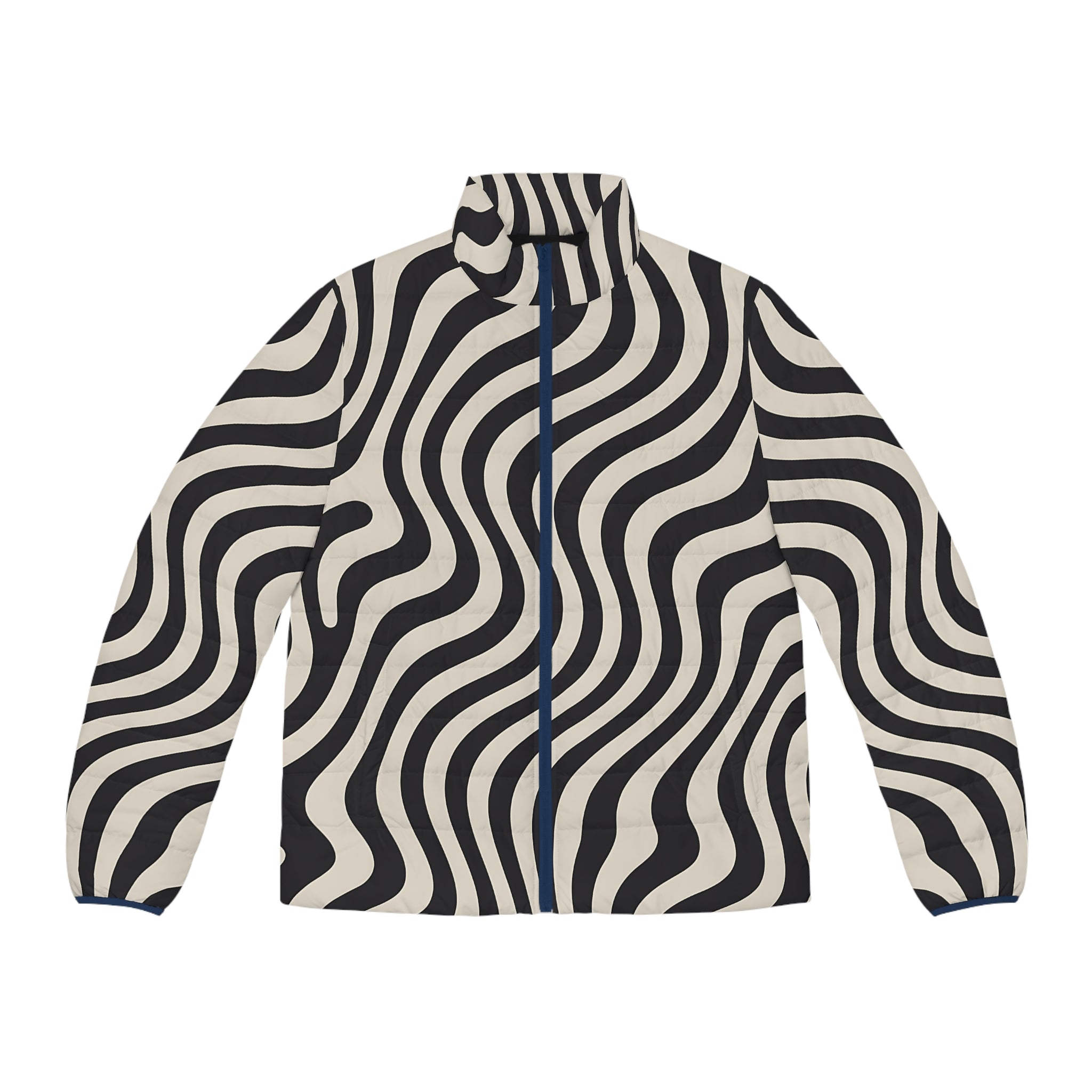 Black and White Wavy Stripe Puffer Jacket, Artsulli - Art is Long, Life is Short, All Over Prints, Size, S, Color, Dark blue zipper, , , 23158445502696773478