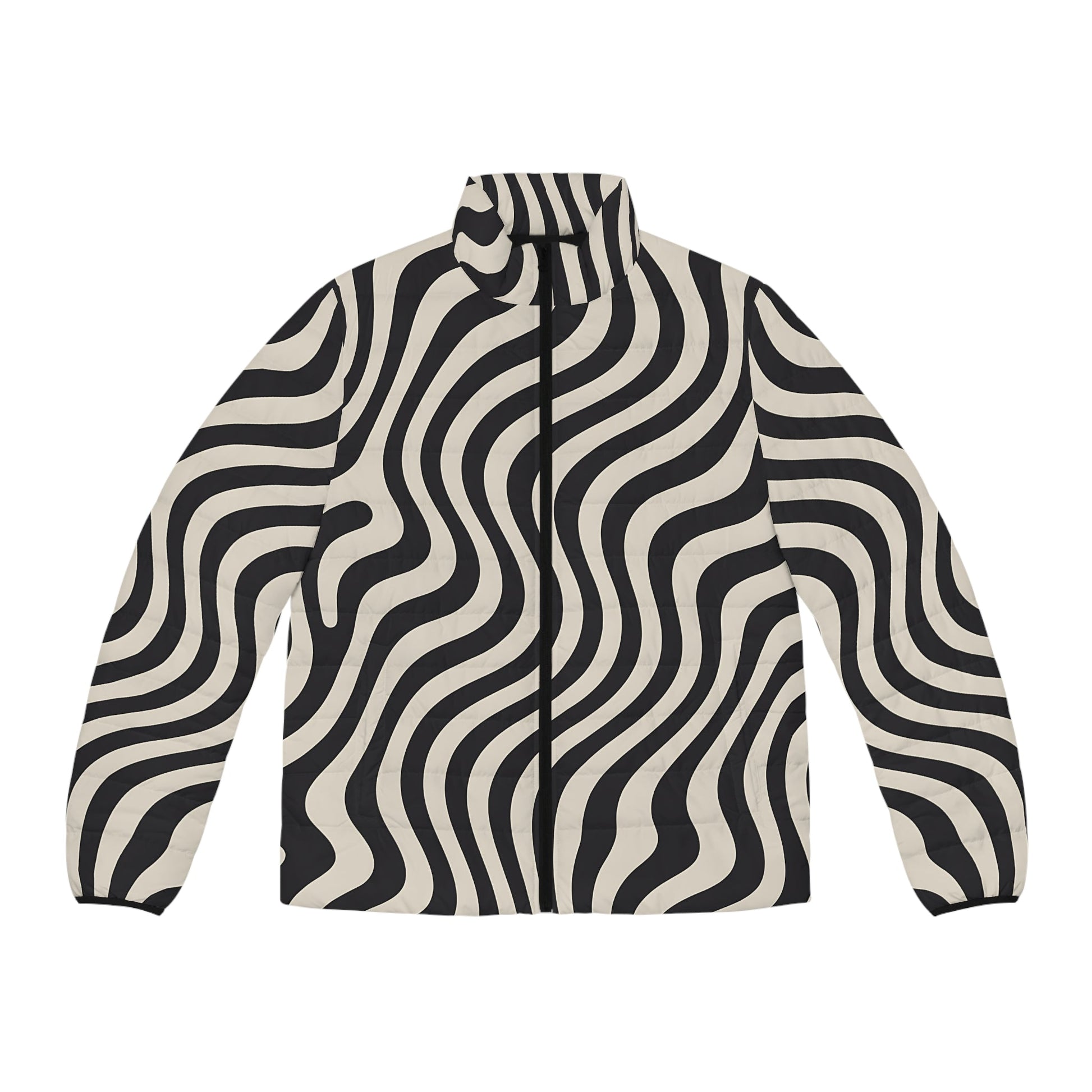 Black and White Wavy Stripe Puffer Jacket, Artsulli - Art is Long, Life is Short, All Over Prints, Size, S, Color, Black zipper, , , 32265735357746614839