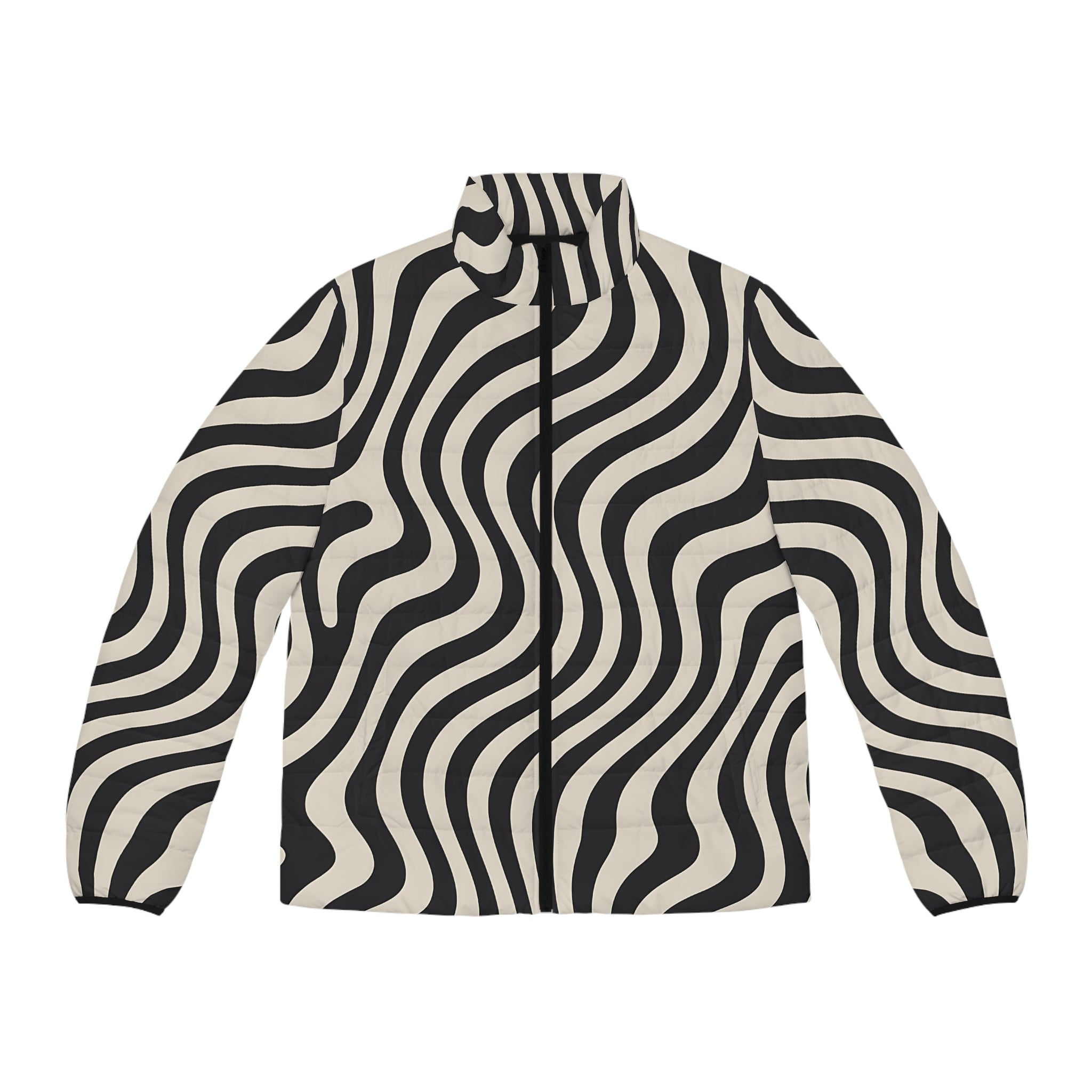 Black and White Wavy Stripe Puffer Jacket, Artsulli - Art is Long, Life is Short, All Over Prints, Size, S, Color, Black zipper, , , 32265735357746614839