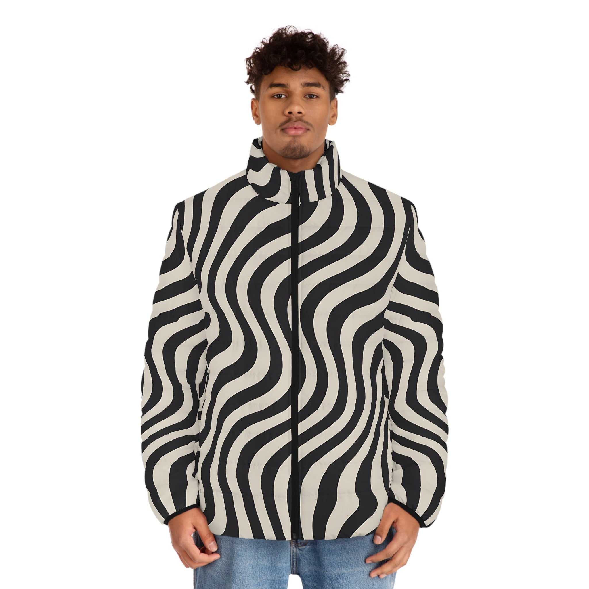 Black and White Wavy Stripe Puffer Jacket, Artsulli - Art is Long, Life is Short, All Over Prints, , , , , , , 