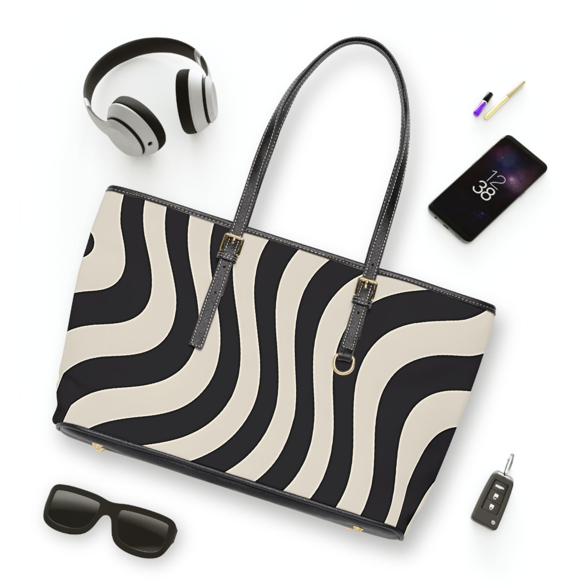 Printify Black and White Wavy Stripe Shoulder Bag 2025