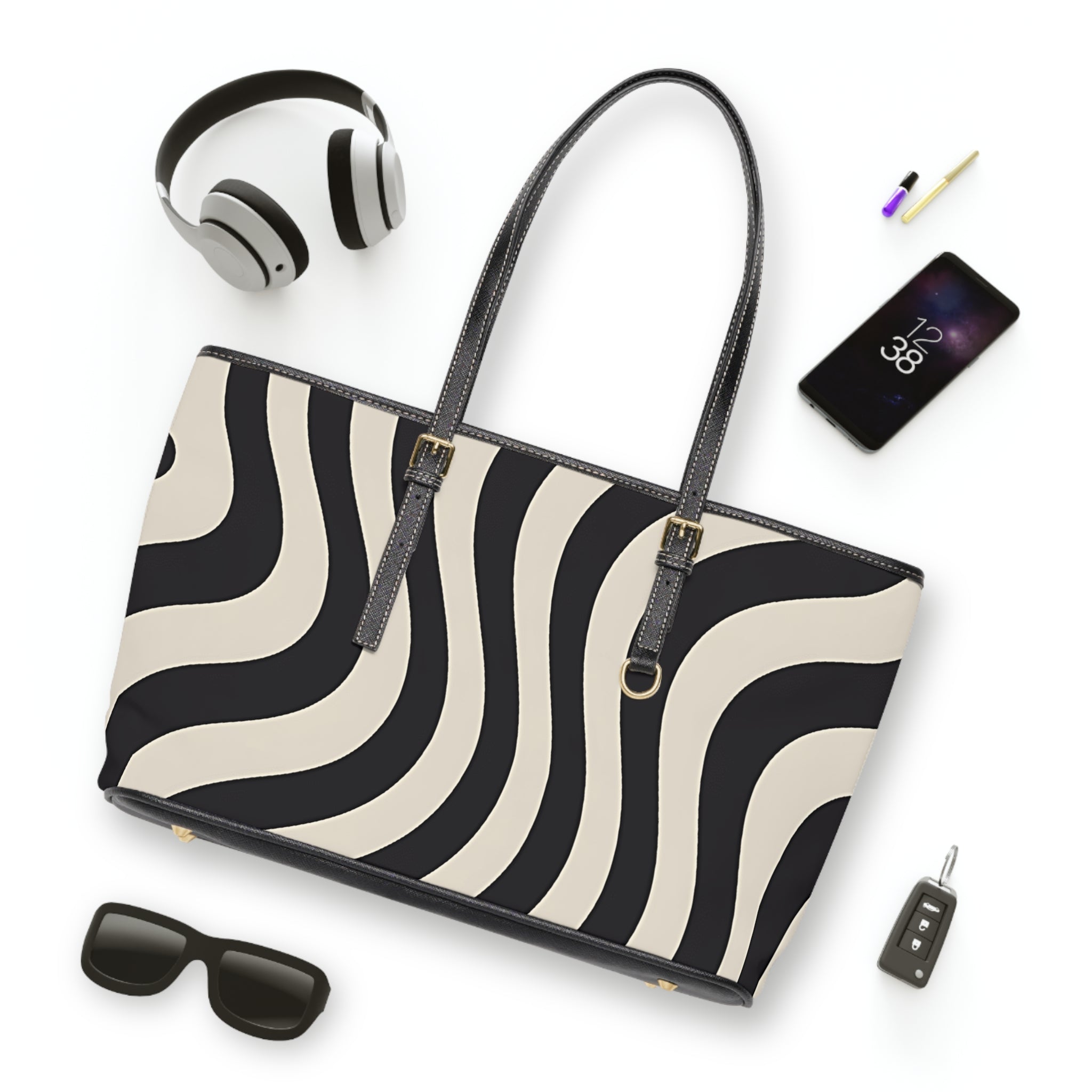 Printify Black and White Wavy Stripe Shoulder Bag 2025