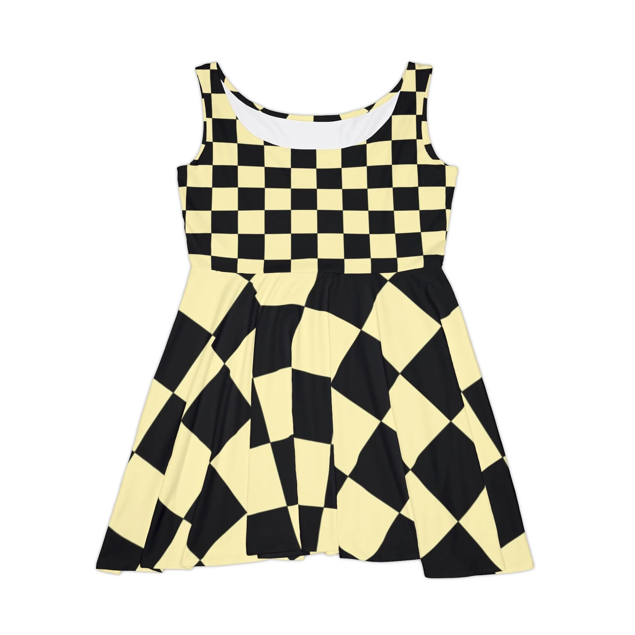 Black and Yellow Checkered Skater Dress, Artsulli - Art is Long, Life is Short, All Over Prints, Size, XS, , , , , 10203445165916362140