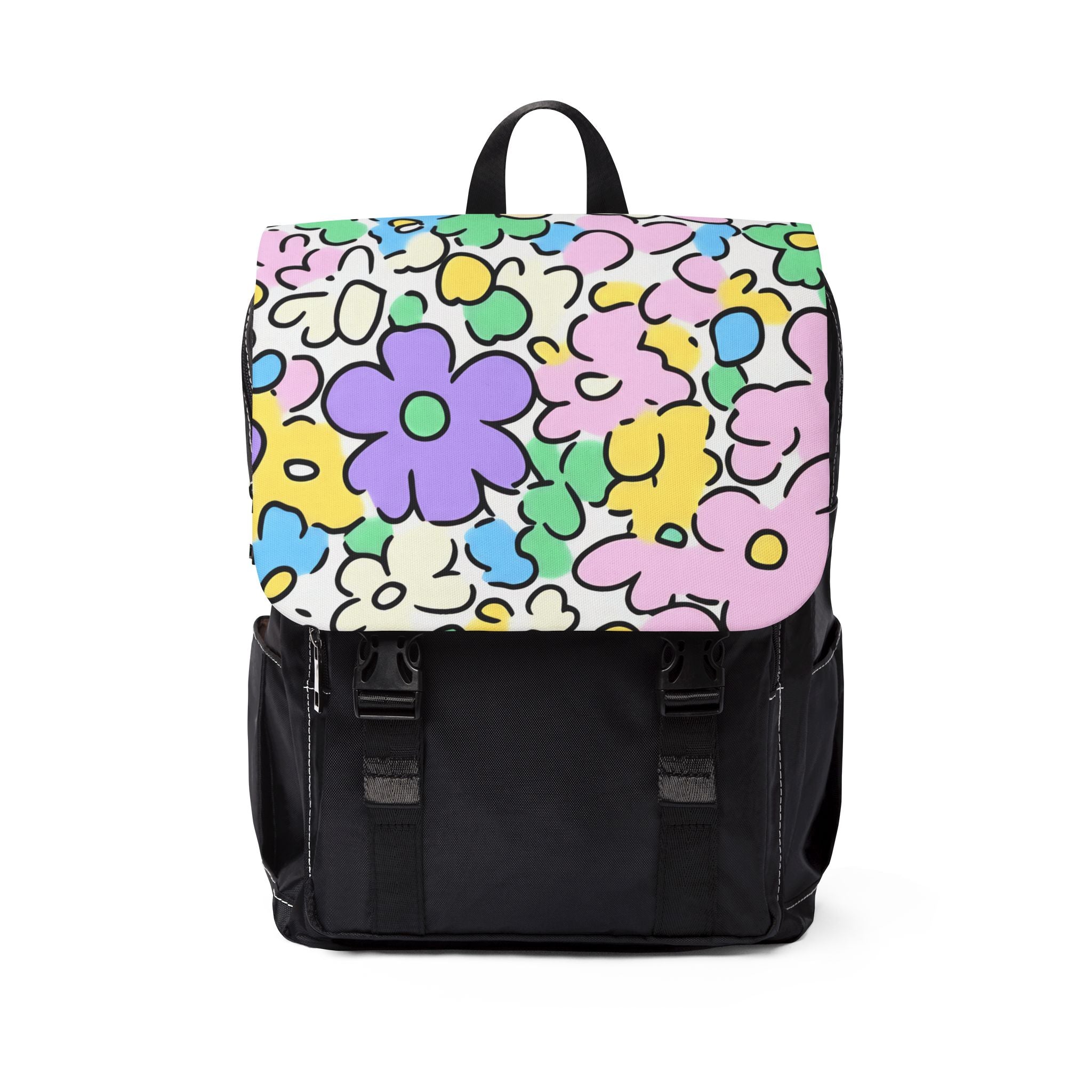 Black Backpack with Floral Print Flap, Artsulli - Art is Long, Life is Short, Bags, Size, One size, , , , , 93086046156428905289