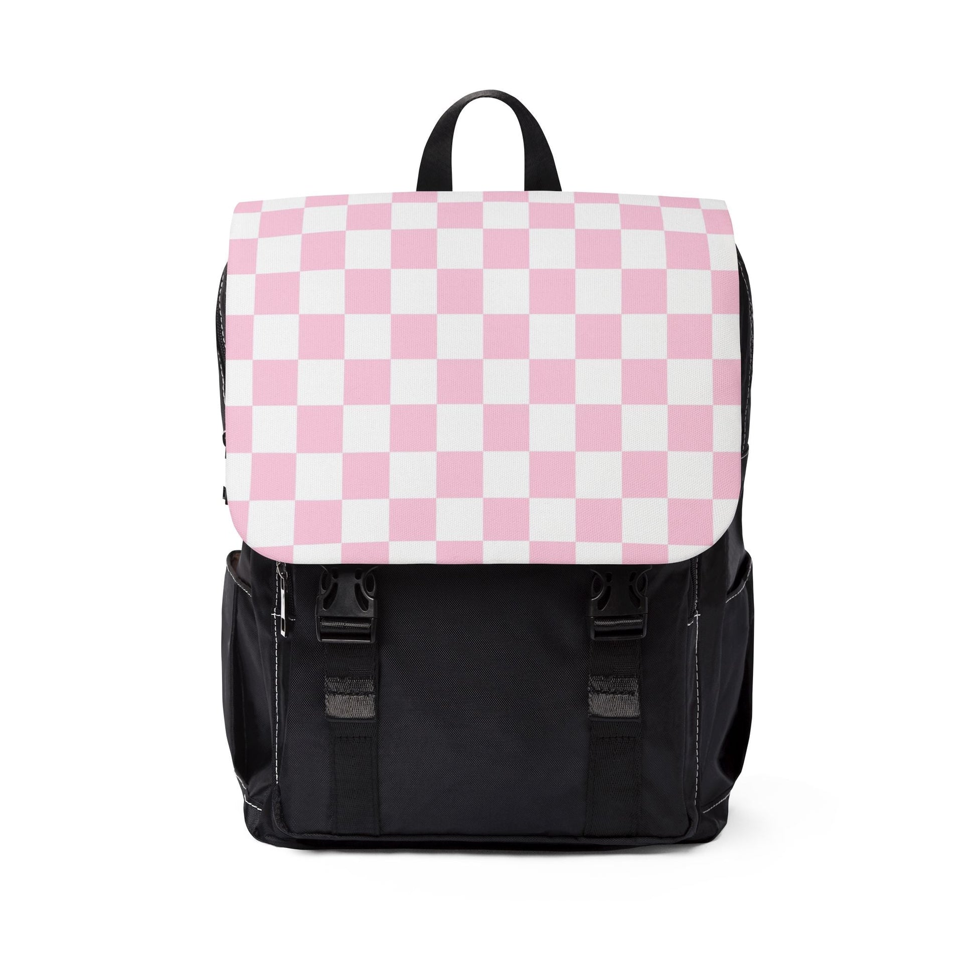 Black Backpack with Pink Checkered Flap, Artsulli - Art is Long, Life is Short, Bags, Size, One size, , , , , 16960548731433064460