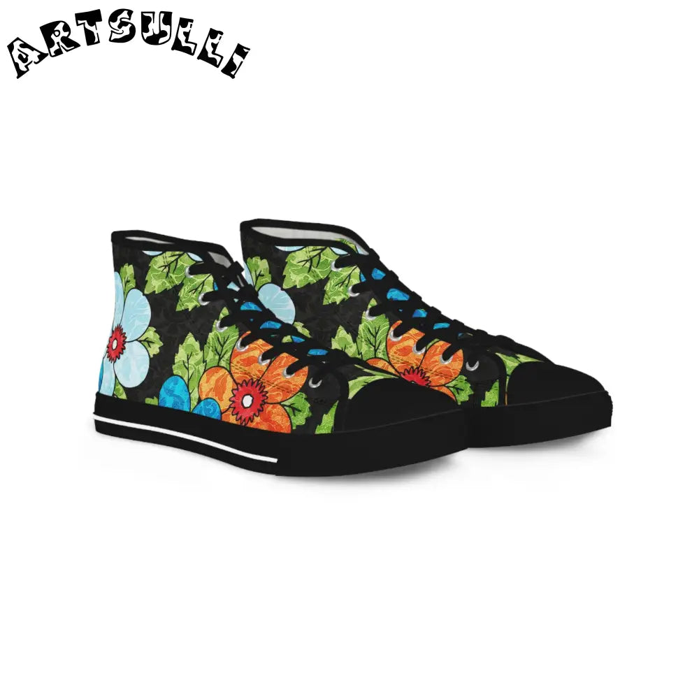 Black Floral Canvas High Top Sneakers, Artsulli - Art is Long, Life is Short, Shoes, Size, US 5, Color, Black sole, , , 25218894914475800573