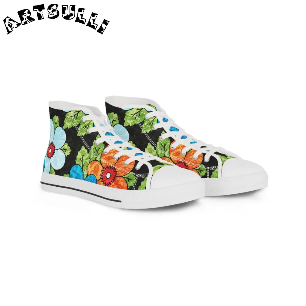 Black Floral Canvas High Top Sneakers, Artsulli - Art is Long, Life is Short, Shoes, Size, US 5, Color, White sole, , , 85524877304570619695