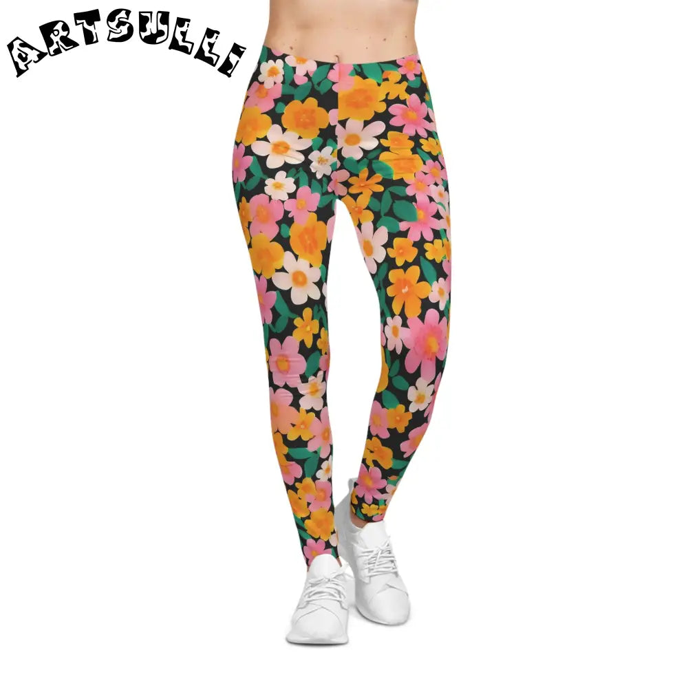 Black Floral Casual Leggings, Artsulli - Art is Long, Life is Short, All Over Prints, , , , , , , 
