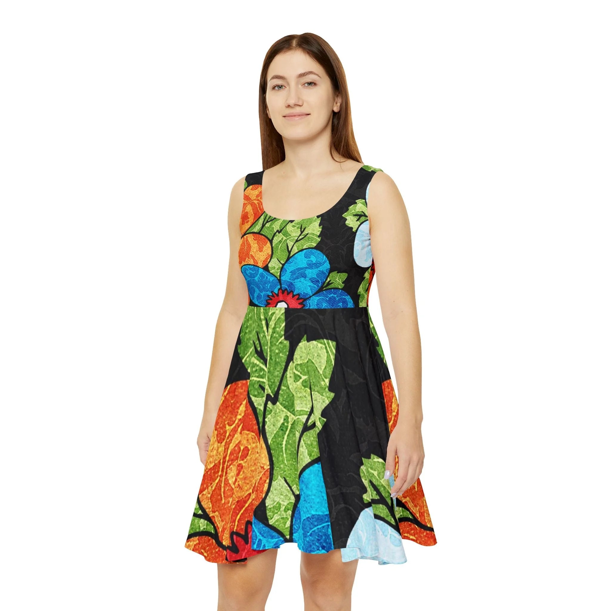 Black Floral Custom Skater Dress, Artsulli - Art is Long, Life is Short, All Over Prints, , , , , , , 