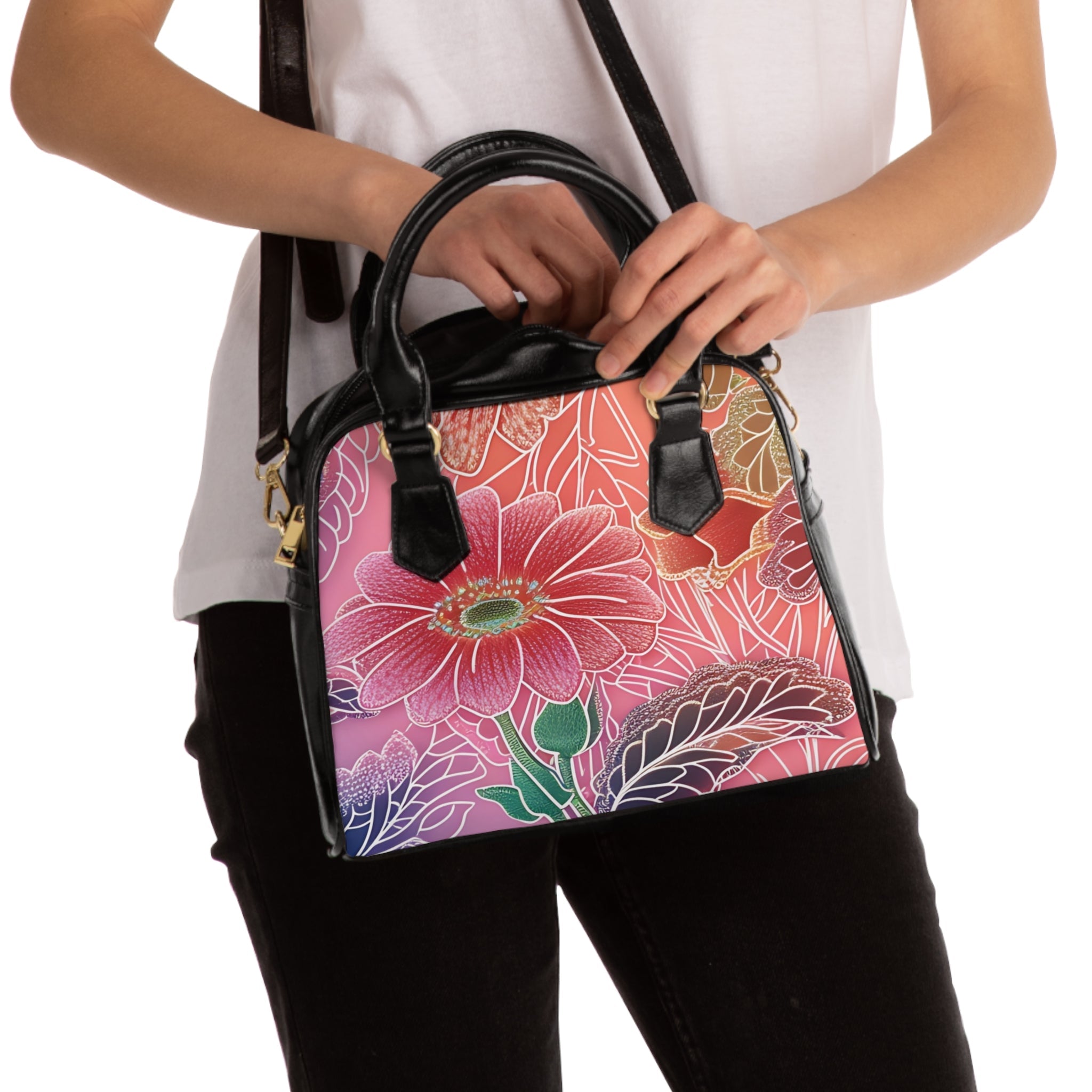Printify Black Floral Gradient Shoulder Bag 2025