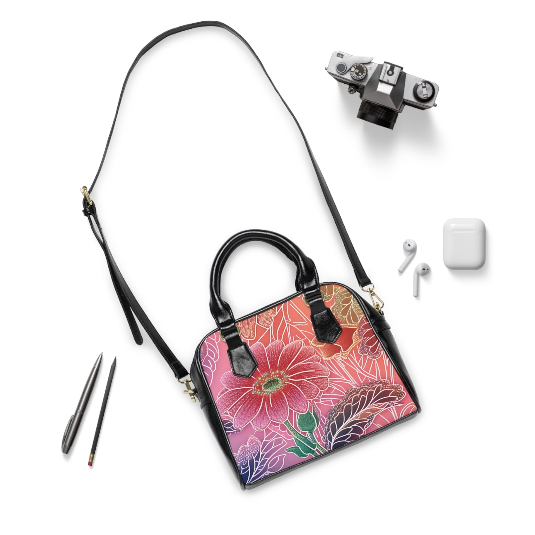 Printify Black Floral Gradient Shoulder Bag 2025