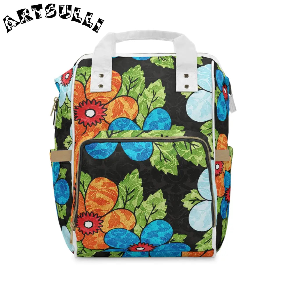 Black Floral Multi-Purpose Diaper Backpack, Artsulli - Art is Long, Life is Short, Bags, Size, 15.0" × 10.8" × 6.7'', , , , , 22527279672813122571