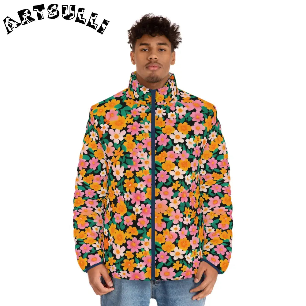 Black Floral Print Puffer Jacket, Artsulli - Art is Long, Life is Short, All Over Prints, , , , , , , 