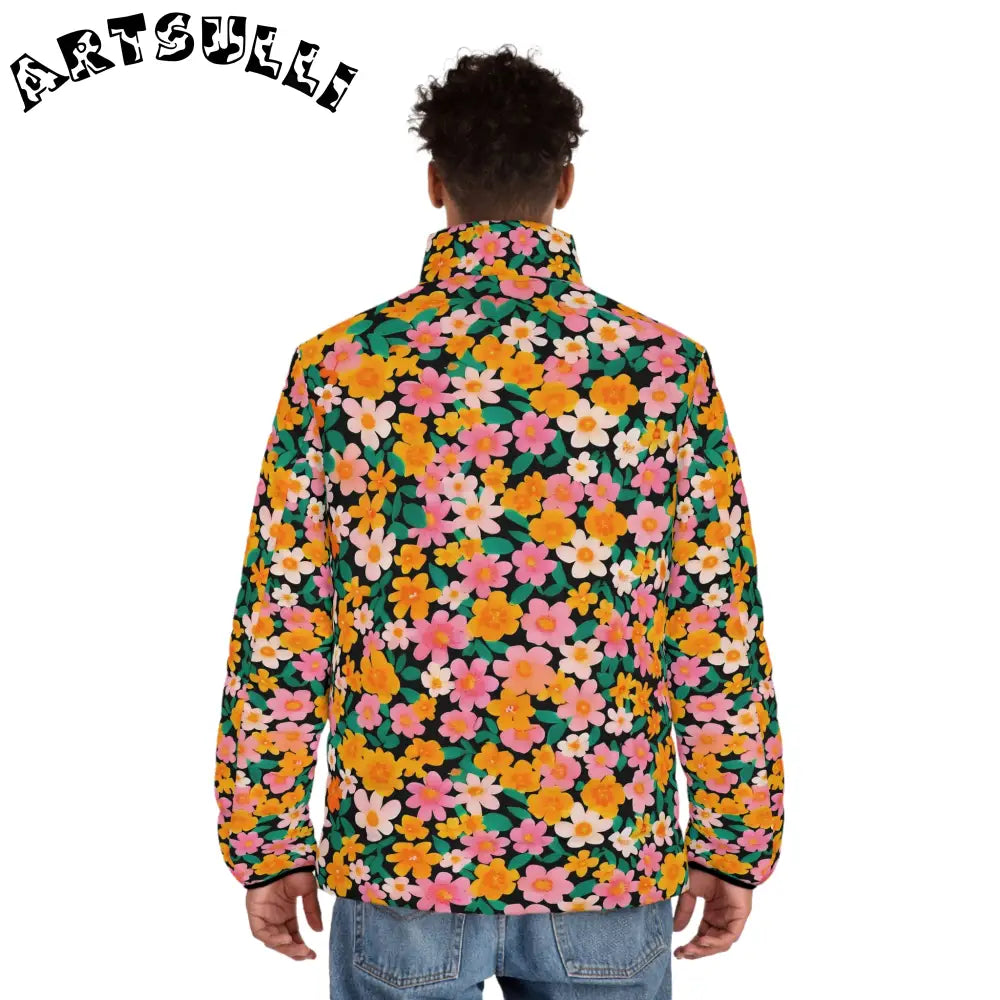 Black Floral Print Puffer Jacket, Artsulli - Art is Long, Life is Short, All Over Prints, , , , , , , 