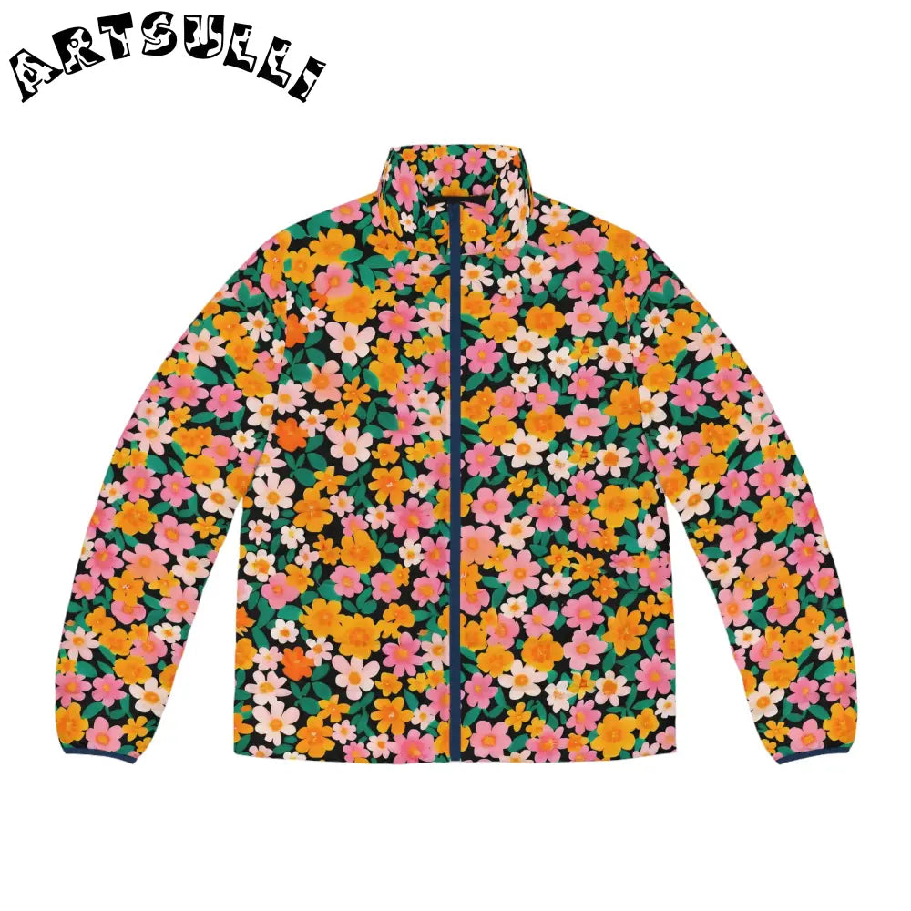 Black Floral Print Puffer Jacket, Artsulli - Art is Long, Life is Short, All Over Prints, Size, S, Color, Dark blue zipper, , , 17406948051080266502
