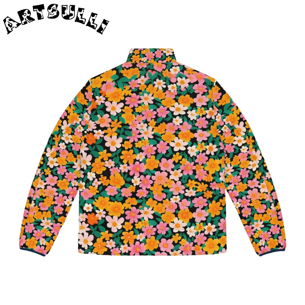 Black Floral Print Puffer Jacket, Artsulli - Art is Long, Life is Short, All Over Prints, , , , , , , 
