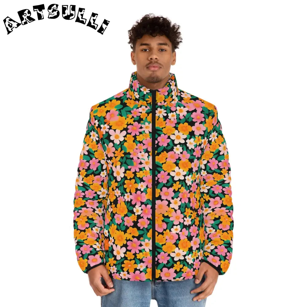 Black Floral Print Puffer Jacket, Artsulli - Art is Long, Life is Short, All Over Prints, , , , , , , 