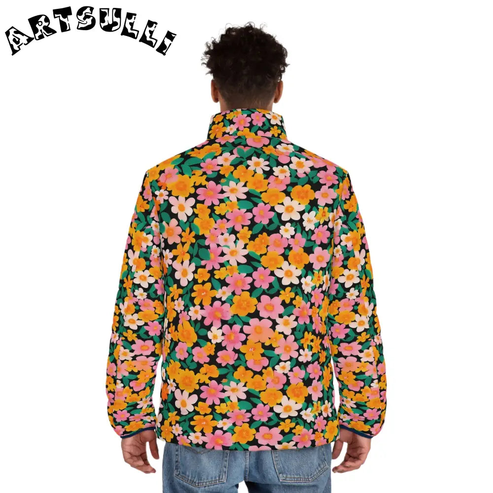 Black Floral Print Puffer Jacket, Artsulli - Art is Long, Life is Short, All Over Prints, , , , , , , 