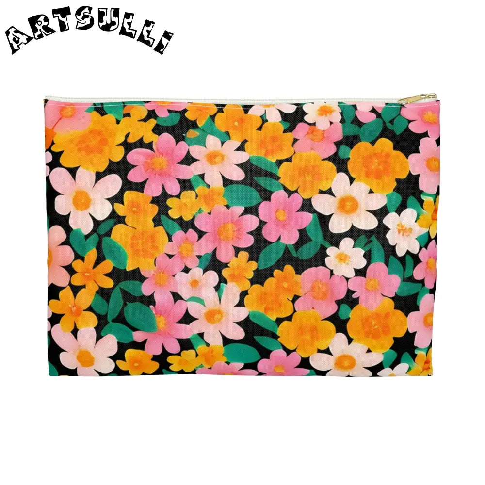 Black Floral Print Zipper Pouch, Artsulli - Art is Long, Life is Short, Bags, Size, Large, Color, White zipper, , , 18508644433926520362