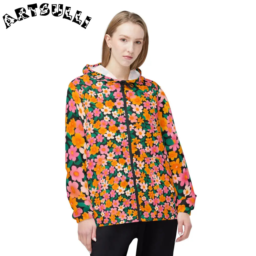 Black Floral Windbreaker Jacket, Artsulli - Art is Long, Life is Short, Outerwear, , , , , , , 