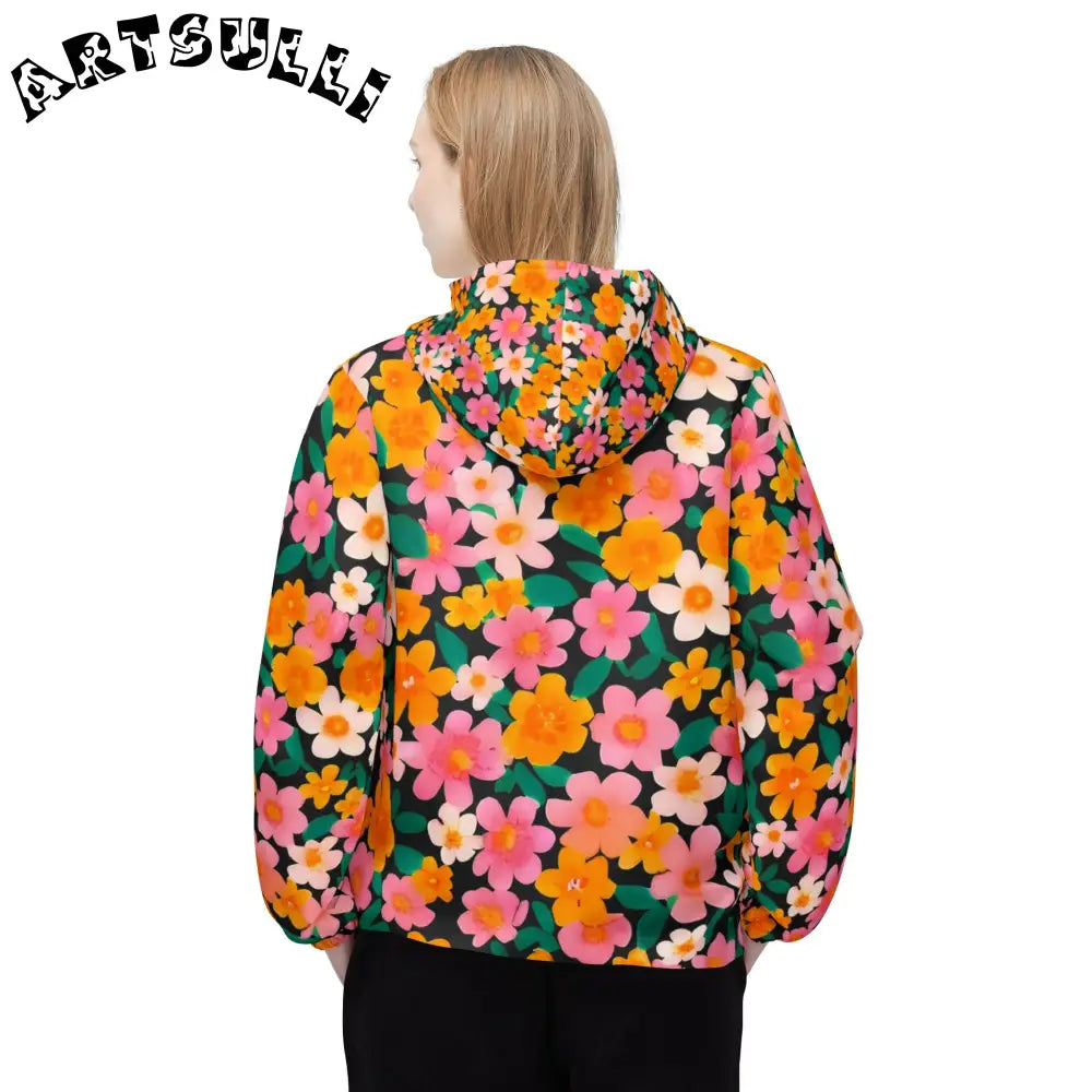Black Floral Windbreaker Jacket, Artsulli - Art is Long, Life is Short, Outerwear, , , , , , , 