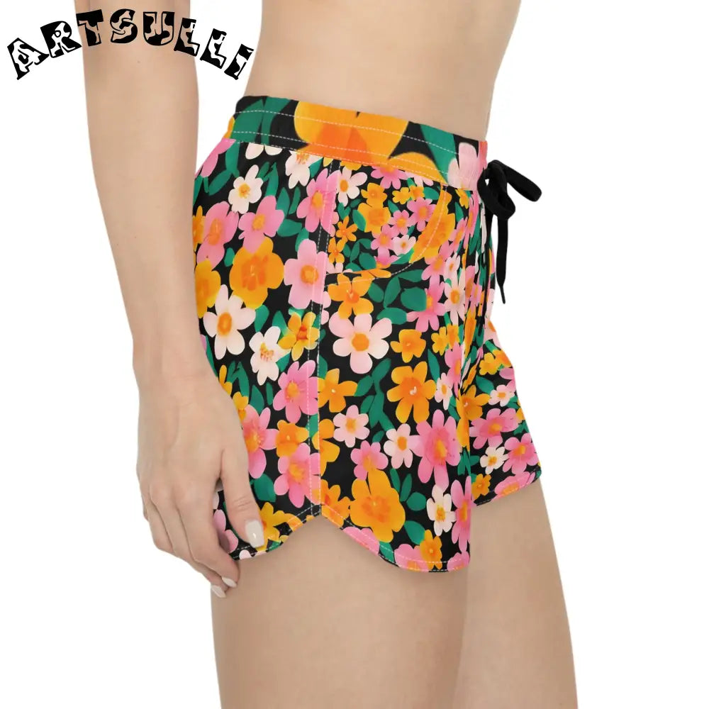 Black Floral Women Athletic Shorts, Artsulli - Art is Long, Life is Short, All Over Prints, , , , , , , 