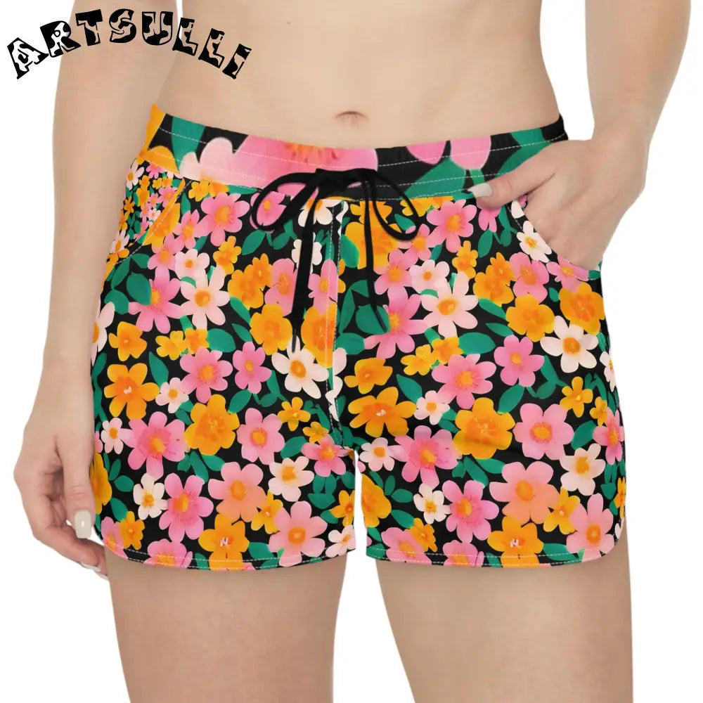 Black Floral Women Athletic Shorts, Artsulli - Art is Long, Life is Short, All Over Prints, , , , , , , 