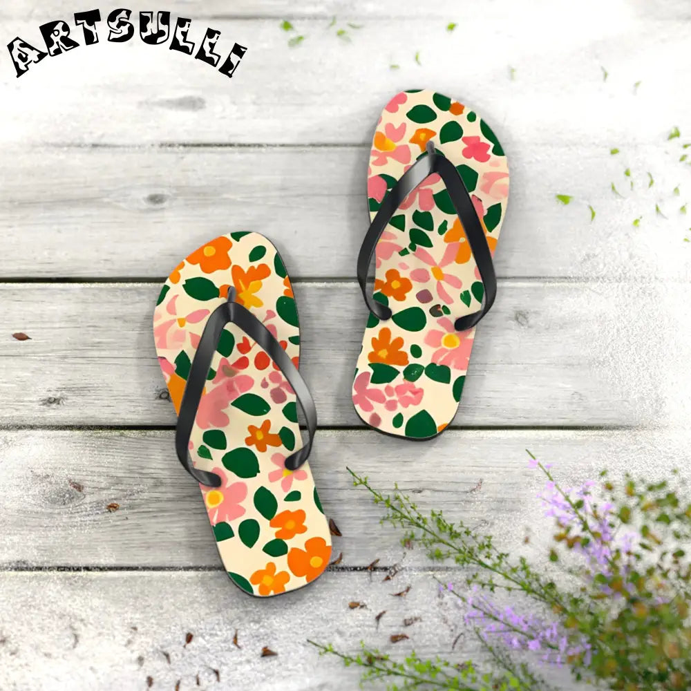 Black Strap Floral Flip Flops, Artsulli - Art is Long, Life is Short, Shoes, , , , , , , 