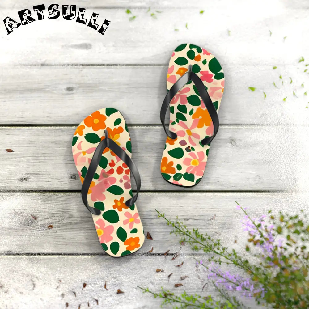 Black Strap Floral Flip Flops, Artsulli - Art is Long, Life is Short, Shoes, , , , , , , 