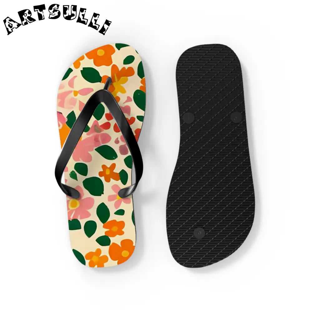 Black Strap Floral Flip Flops, Artsulli - Art is Long, Life is Short, Shoes, , , , , , , 