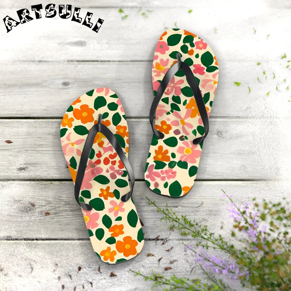 Black Strap Floral Flip Flops, Artsulli - Art is Long, Life is Short, Shoes, , , , , , , 
