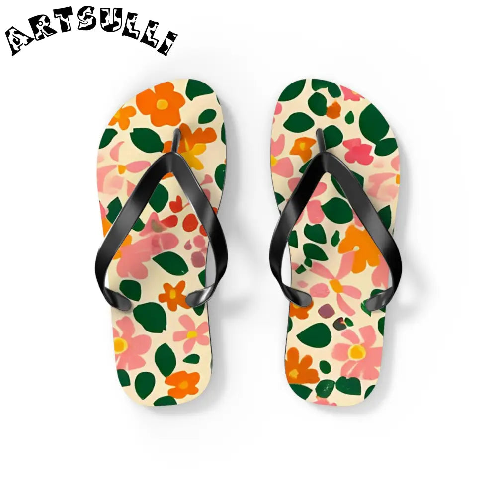 Black Strap Floral Flip Flops, Artsulli - Art is Long, Life is Short, Shoes, Size, S, Color, Black sole, , , 28639432992330253210