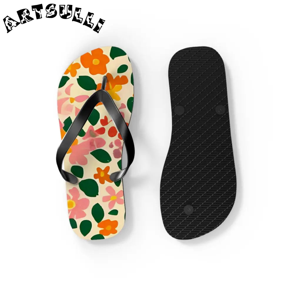 Black Strap Floral Flip Flops, Artsulli - Art is Long, Life is Short, Shoes, , , , , , , 