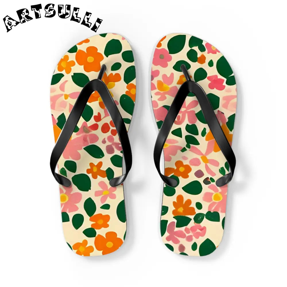 Black Strap Floral Flip Flops, Artsulli - Art is Long, Life is Short, Shoes, Size, L, Color, Black sole, , , 14986494490768945487