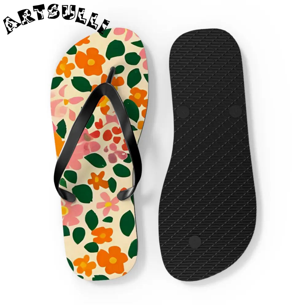 Black Strap Floral Flip Flops, Artsulli - Art is Long, Life is Short, Shoes, , , , , , , 