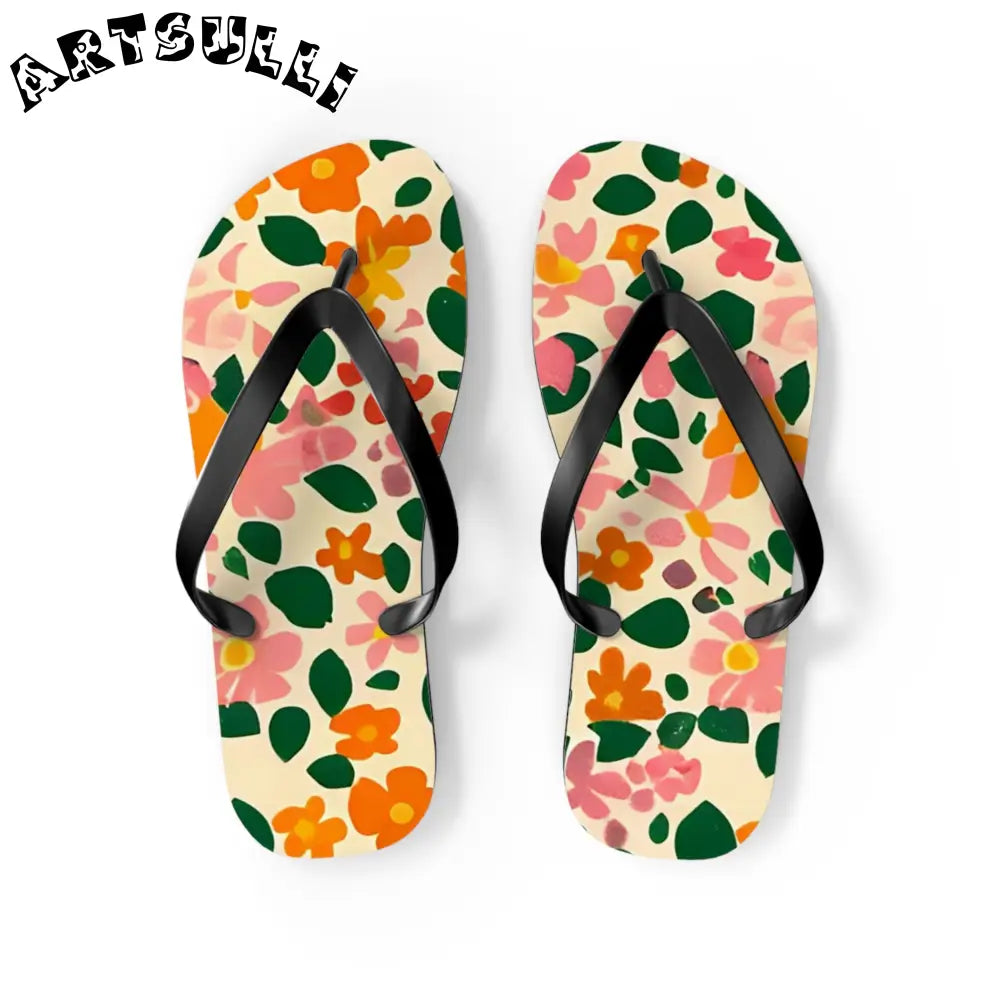 Black Strap Floral Flip Flops, Artsulli - Art is Long, Life is Short, Shoes, Size, M, Color, Black sole, , , 70056932079587804987