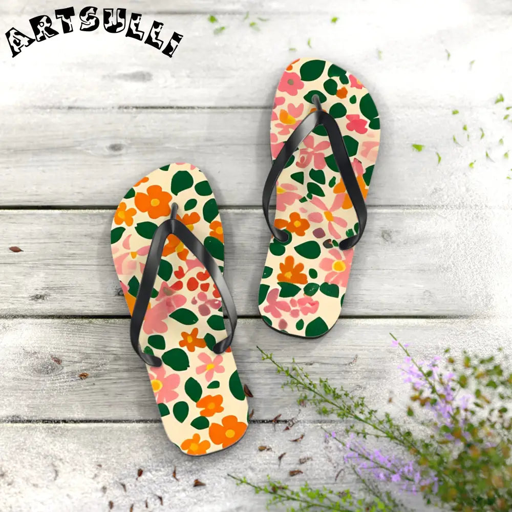 Black Strap Floral Flip Flops, Artsulli - Art is Long, Life is Short, Shoes, , , , , , , 