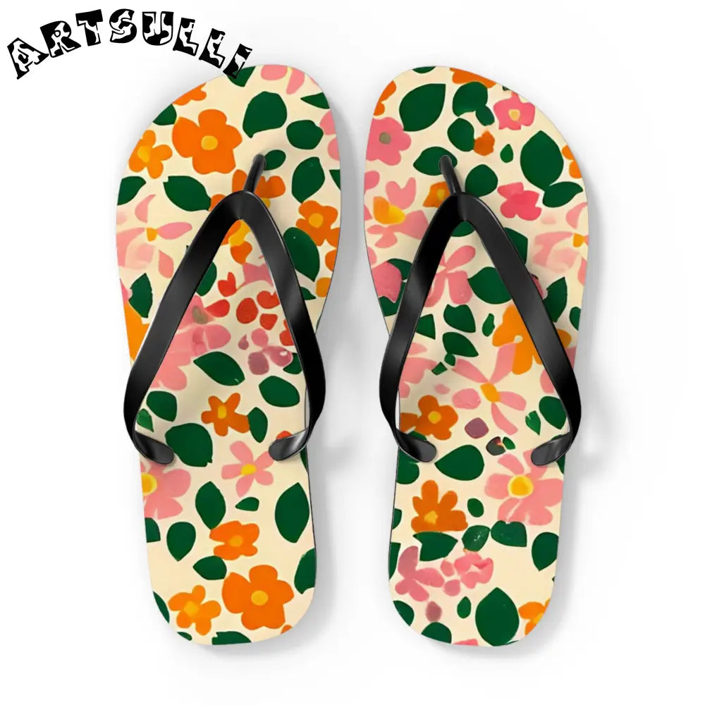 Black Strap Floral Flip Flops, Artsulli - Art is Long, Life is Short, Shoes, Size, XL, Color, Black sole, , , 36598440740648493068
