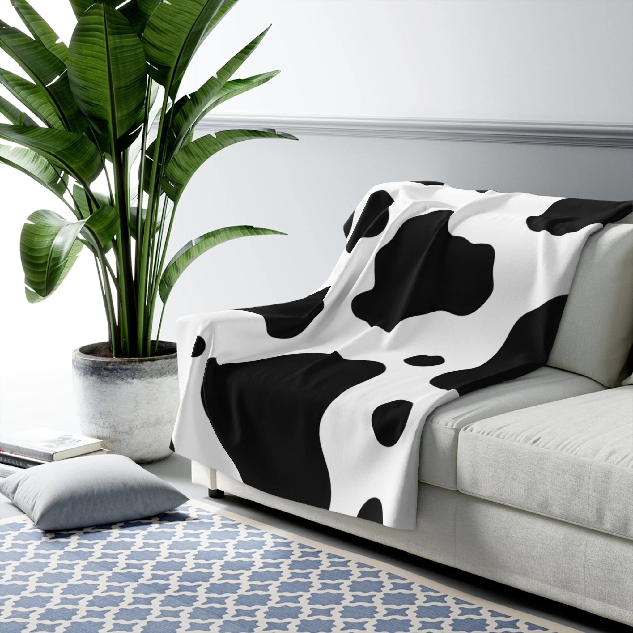 Black White Cow Print Cozy Fleece Blanket, Artsulli - Art is Long, Life is Short, Home Decor, , , , , , , 