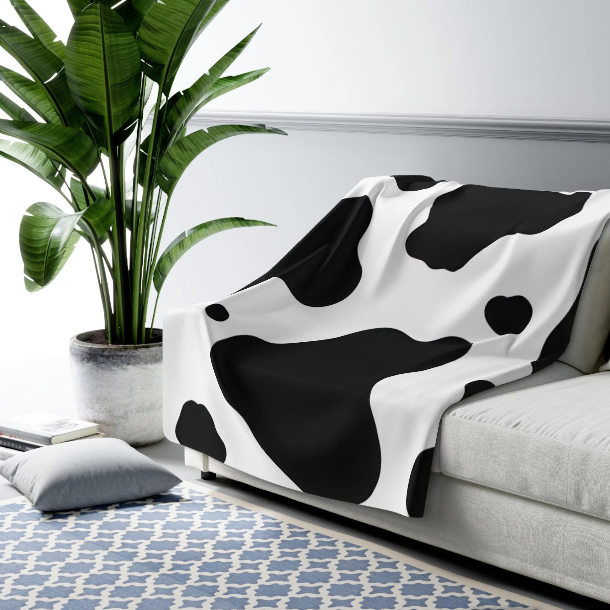 Black White Cow Print Cozy Fleece Blanket, Artsulli - Art is Long, Life is Short, Home Decor, , , , , , , 