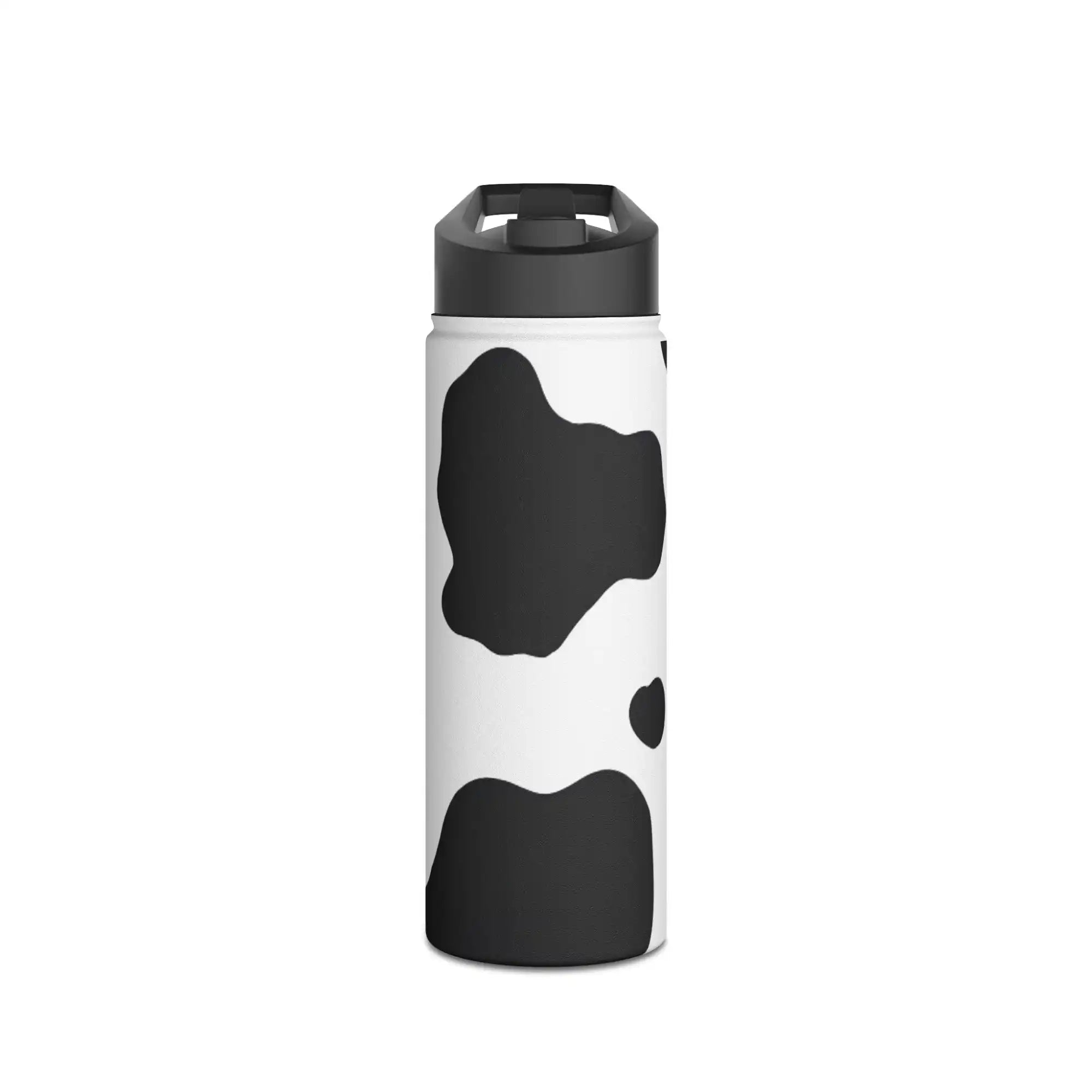 Black and white cow print water bottle with a black flip-top lid.