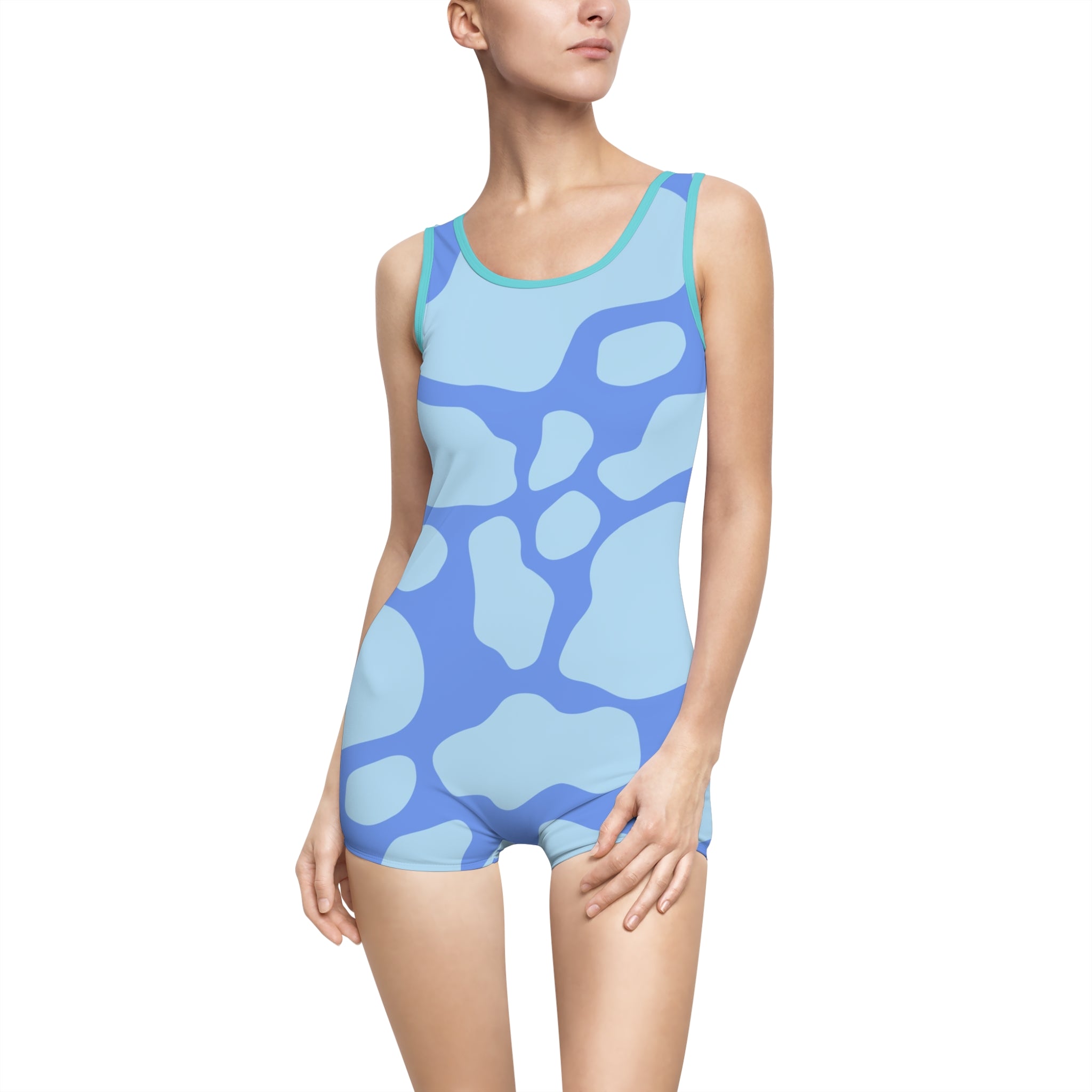 Blue Abstract One Piece Swimsuit with Shorts, Artsulli - Art is Long, Life is Short, All Over Prints, Color, Ocean, Size, XS, , , 14341505873388482883