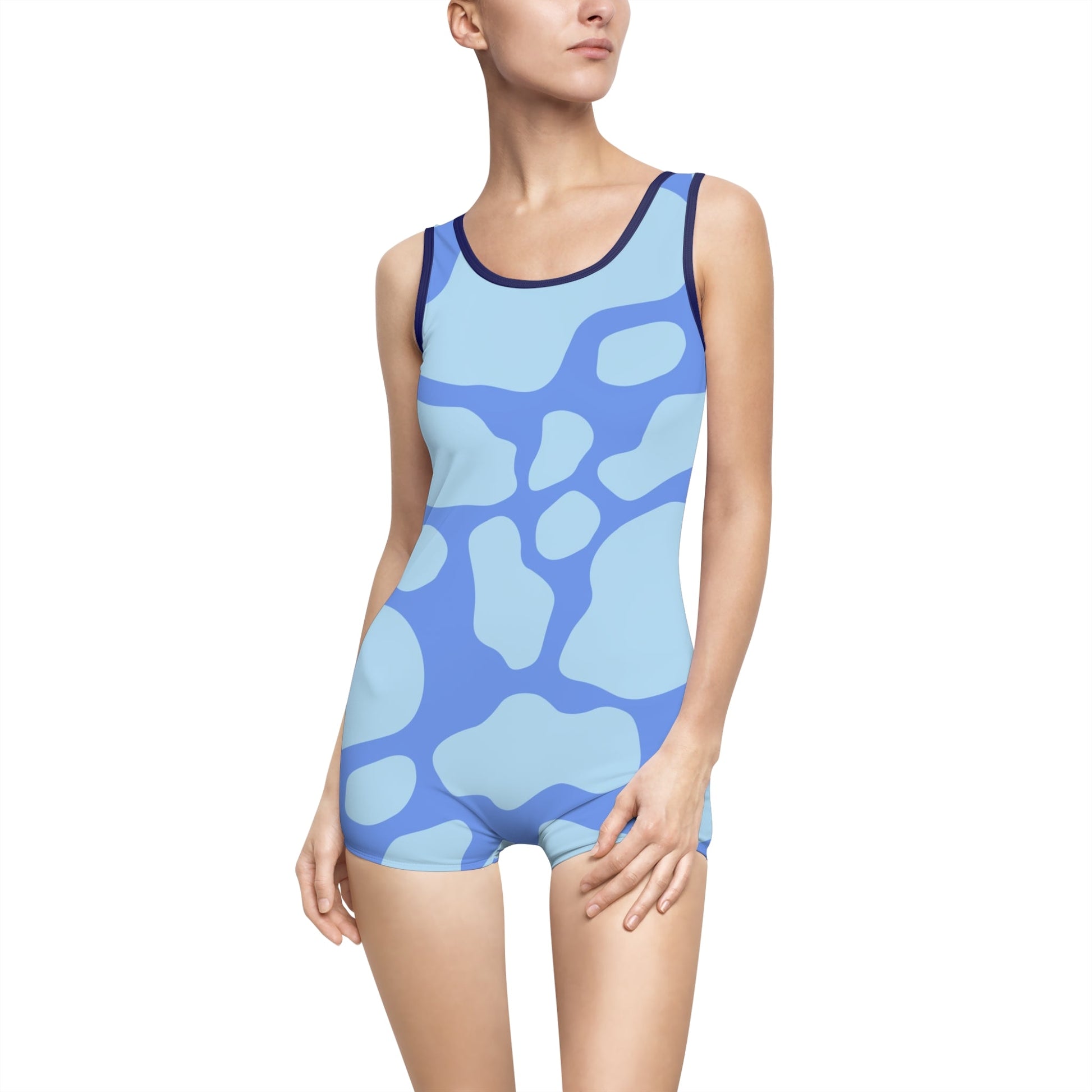 Blue Abstract One Piece Swimsuit with Shorts, Artsulli - Art is Long, Life is Short, All Over Prints, Color, Navy, Size, XS, , , 31010787042311995254
