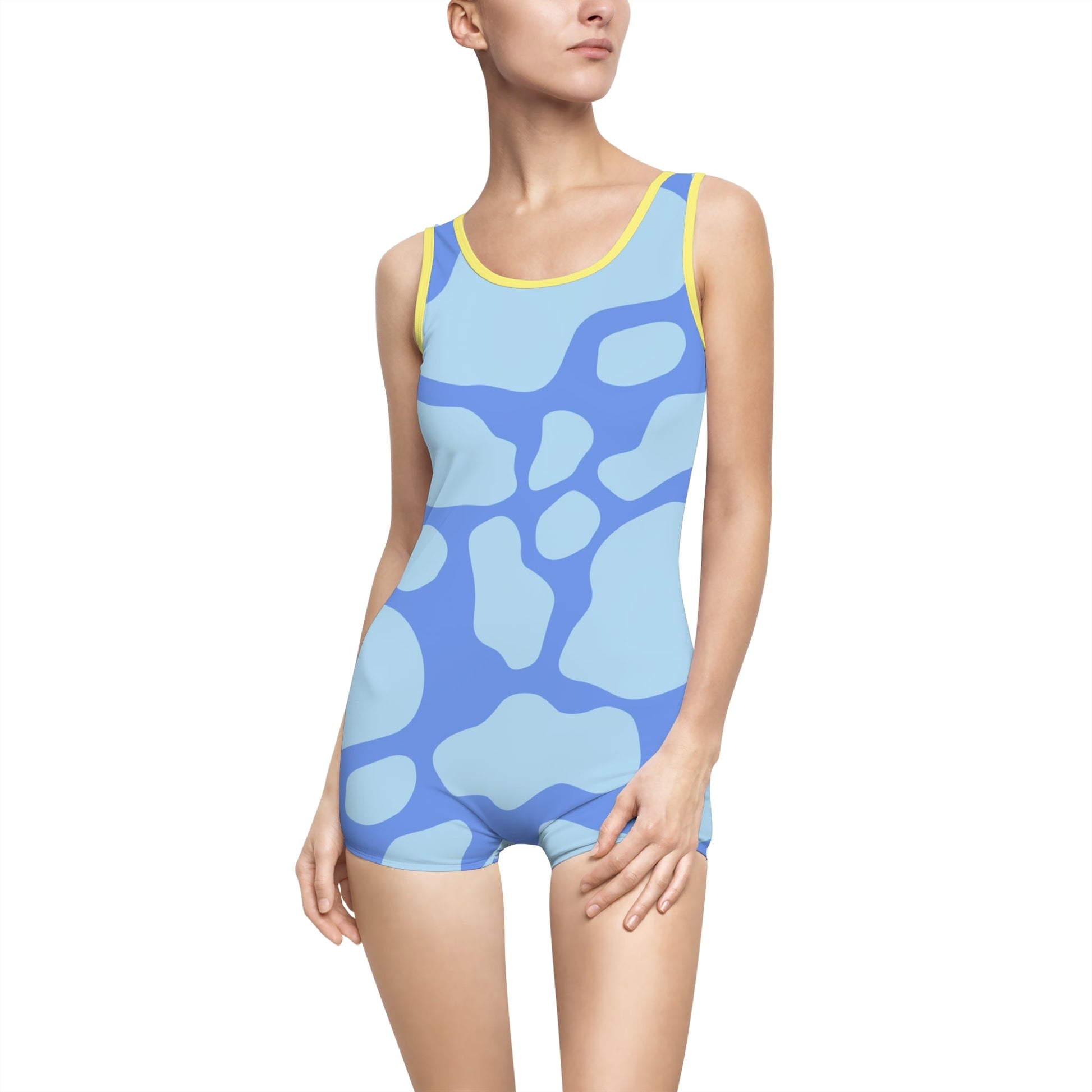 Blue Abstract One Piece Swimsuit with Shorts, Artsulli - Art is Long, Life is Short, All Over Prints, Color, Yellow, Size, XS, , , 58654719407754903649