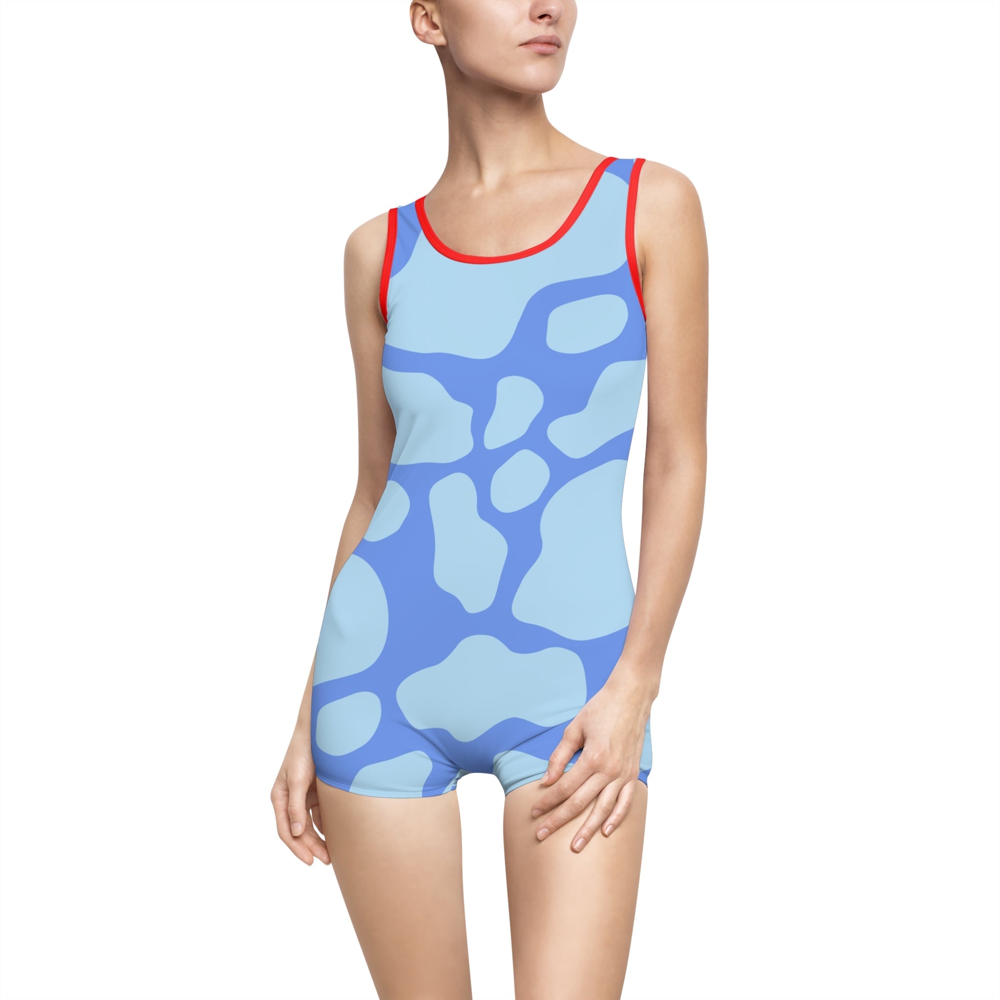 Blue Abstract One Piece Swimsuit with Shorts, Artsulli - Art is Long, Life is Short, All Over Prints, Color, Red, Size, XS, , , 12968705602132120574