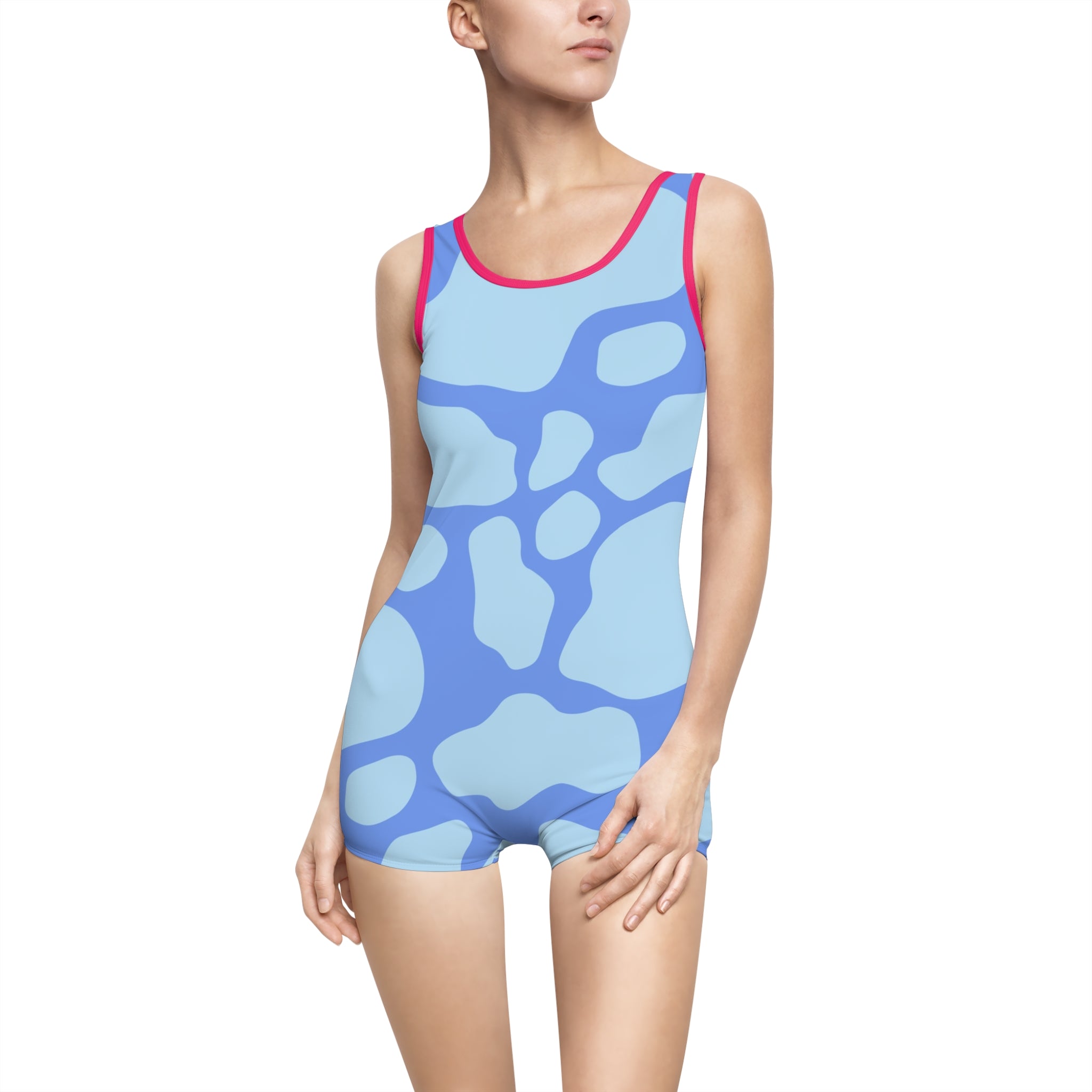 Blue Abstract One Piece Swimsuit with Shorts, Artsulli - Art is Long, Life is Short, All Over Prints, Color, Pink, Size, XS, , , 44761175045005910739