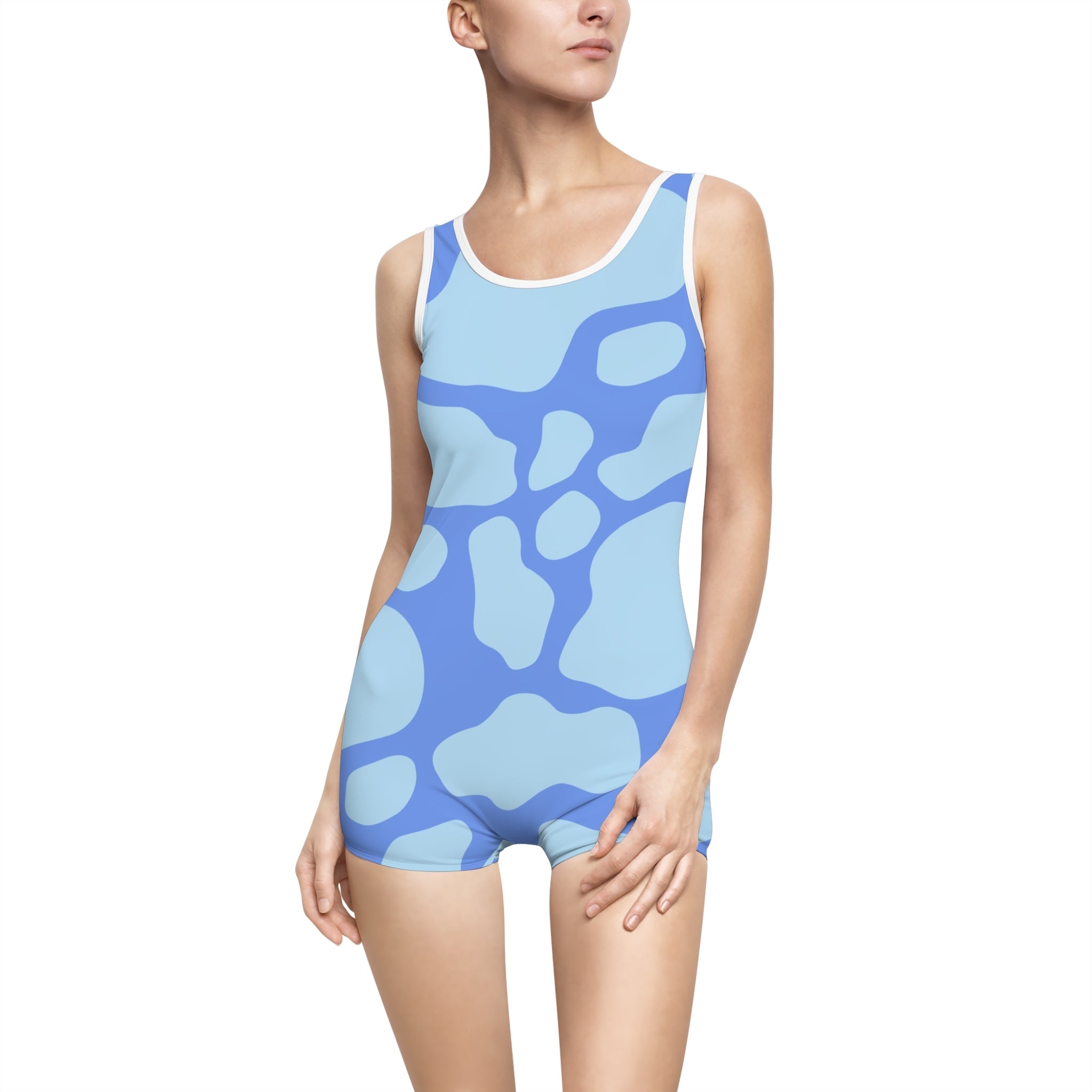 Blue Abstract One Piece Swimsuit with Shorts, Artsulli - Art is Long, Life is Short, All Over Prints, Color, White, Size, XS, , , 26069788881237113584