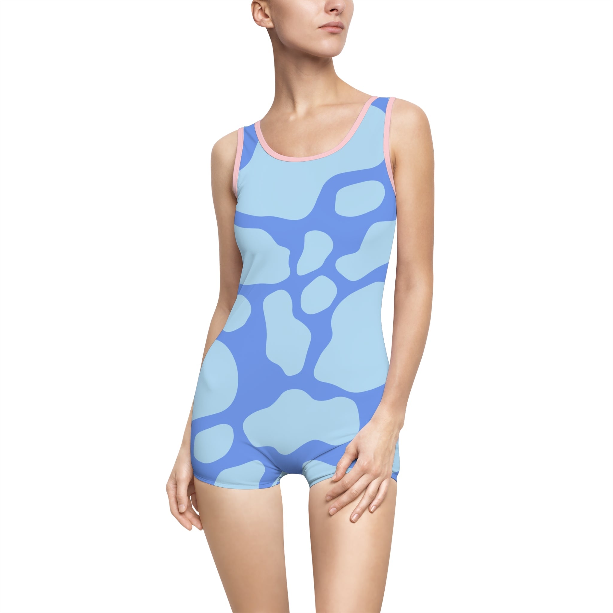Blue Abstract One Piece Swimsuit with Shorts, Artsulli - Art is Long, Life is Short, All Over Prints, Color, Light Pink, Size, XS, , , 31659616989089664129