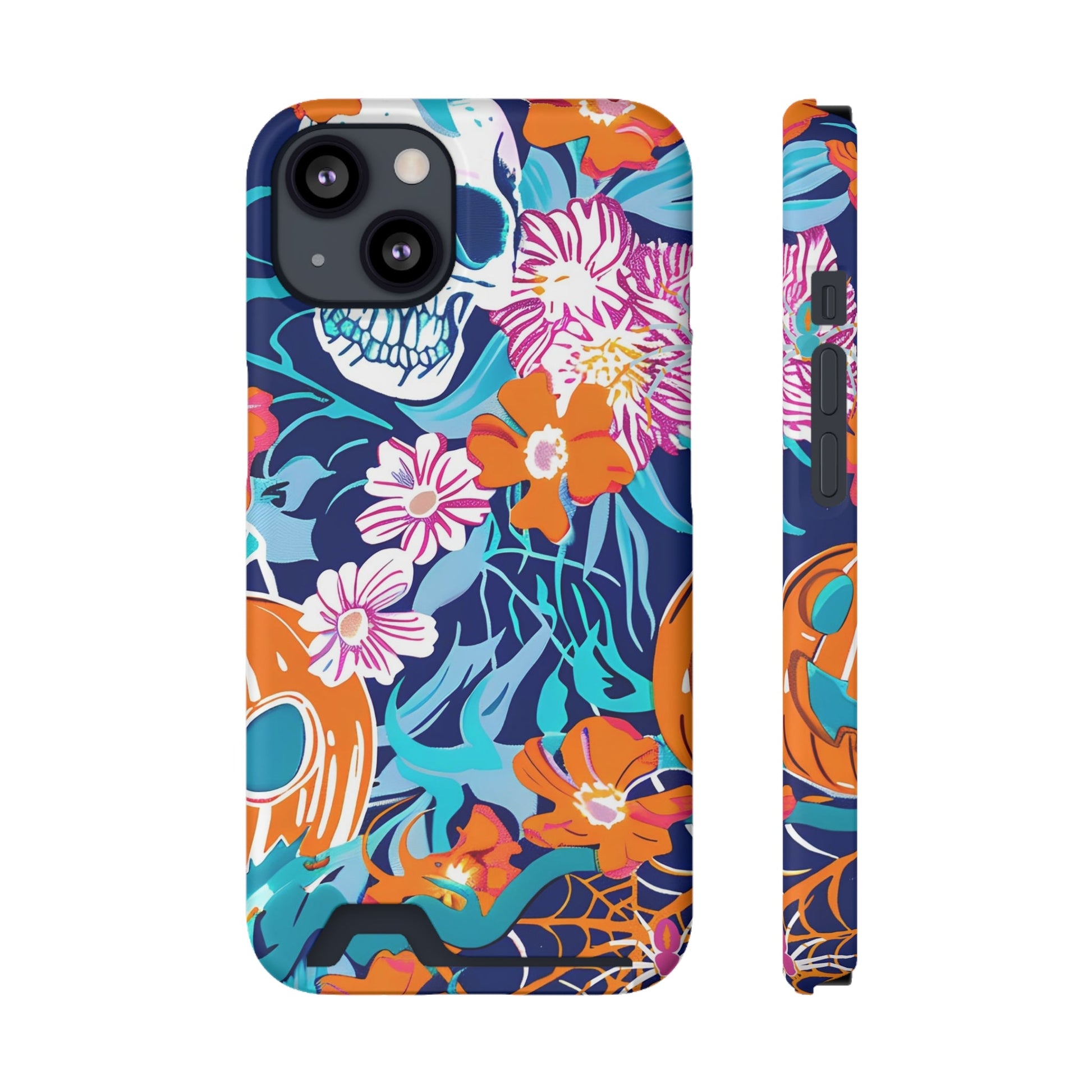 Blue and Orange Floral Skull Card Case, Artsulli - Art is Long, Life is Short, Phone Case, Size, iPhone 13, Surface, Matte, Shape, With gift packaging, 23463889894692975000