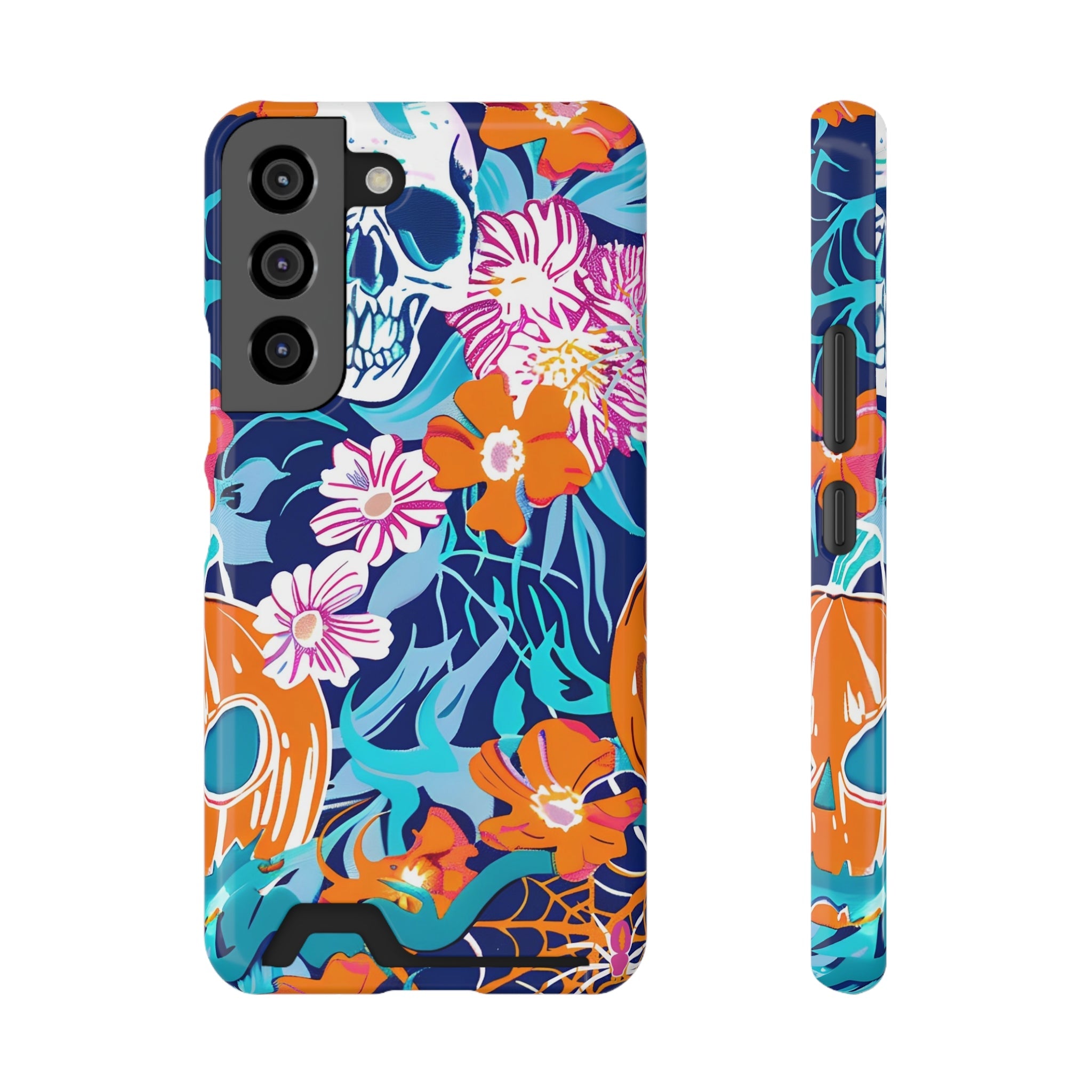 Blue and Orange Floral Skull Card Case, Artsulli - Art is Long, Life is Short, Phone Case, Size, Samsung Galaxy S22, Surface, Glossy, Shape, Without gift packaging, 16973461364952708246